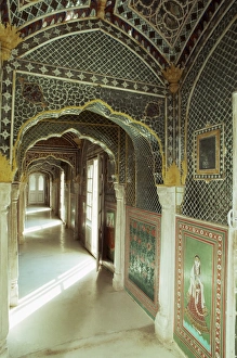 Rajasthan Palace Architecture Prints: Detail of one of the painted and mirrored corridors