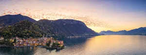 Panoramic aerial view of Varenna and Lake Como at sunrise, Lecco province, Lombardy Panoramic aerial view of Varenna and Lake Como at sunrise, Lecco province, Lombardy
