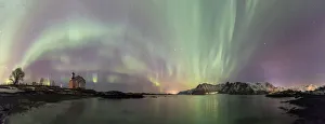 Panoramic of Northern Lights (Aurora borealis) on Gimsoy, Gimsoyand, Vagan municipality Panoramic of Northern Lights (Aurora borealis) on Gimsoy, Gimsoyand, Vagan municipality