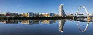 Glasgow River Clyde Prints: Panoramic reflection of Clyde Arc (Squinty Bridge) and flats, River Clyde, Glasgow