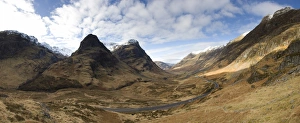 Panoramic view of Glencoe showing The Three Sisters of Glencoe mountains Panoramic view of Glencoe showing The Three Sisters of Glencoe mountains