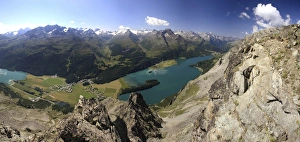 Panoramic View Of Swiss Alps Prints: Panoramic view of lakes, St. Moritz, Engadine, Canton of Graubunden, Switzerland, Europe