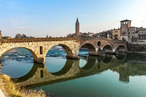Panoramic view of Ponte Pietra bridge in Verona on Adige river, Veneto region, Italy Panoramic view of Ponte Pietra bridge in Verona on Adige river, Veneto region, Italy