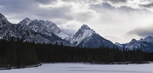 Panoramic winter landscape of the Canadian Rocky Mountains at the Lower Kananaskis Lake Panoramic winter landscape of the Canadian Rocky Mountains at the Lower Kananaskis Lake
