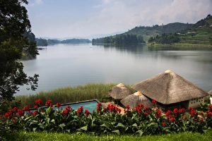 Pavilion and flowers at a viewpoint overlooking Lake Bunyonyi, Uganda, East Africa, Africa Pavilion and flowers at a viewpoint overlooking Lake Bunyonyi, Uganda, East Africa, Africa