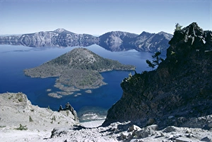 Prints of Perfect example of strato-volcano, island cone left by subsidence, Crater Lake, Oregon, United States of America (U.S.A.), North America Oregon Prints: Strato-Volcano Print, Crater Lake Landscape