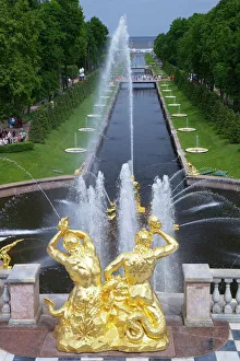Peterhof Fountains of the Grand Cascade and gardens in summer, Petrodvorets, St. Petersburg, Russia, Europe Peterhof Fountains of the Grand Cascade and gardens in summer, Petrodvorets, St. Petersburg, Russia, Europe