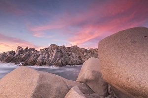 Sardinia Landscape Photography Prints: Pink sky at sunset frames the lighthouse on cliffs, Capo Testa, Santa Teresa di Gallura