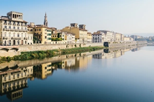 Florence Cityscape At Sunset Prints: Reflection of buildings on River Arno, Florence, Tuscany, Italy, Europe