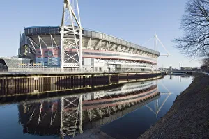 Prints of Reflection of Millennium Stadium in River Taff, Cardiff, Wales, United Kingdom, Europe Cardiff Prints: Reflection of Millennium Stadium Print, Cardiff, Wales