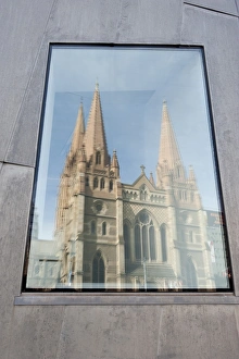 Low Angle Photography Tips Prints: Reflection in window of St. Pauls Cathedral, Melbourne, Victoria, Australia, Pacific