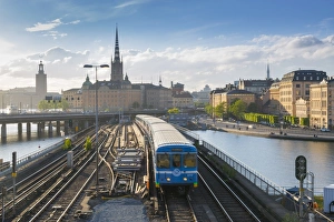Scandinavian Urban Landscape Photography Prints: Riddarholmen Church and train from Sodermalm, Stockholm, Sweden, Scandinavia, Europe
