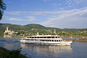 River cruise steam boat and Schloss Schonbuhel, Wachau, Lower Austria, Austria, Europe River cruise steam boat and Schloss Schonbuhel, Wachau, Lower Austria, Austria, Europe