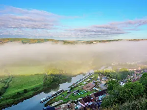 UK Countryside Scenery Prints: River Ouse and mist, elevated view, Lewes, East Sussex, England, United Kingdom, Europe