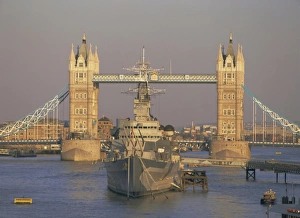 Prints of River Thames, Tower Bridge and HMS Belfast, London, England, UK, Europe Bridge Prints: River Thames Print featuring Tower Bridge and HMS Belfast