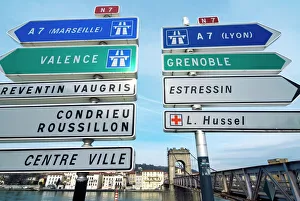Road sign, Pont de la Passerelle, River Rhone, Vienne, Rhone Valley, France Road sign, Pont de la Passerelle, River Rhone, Vienne, Rhone Valley, France