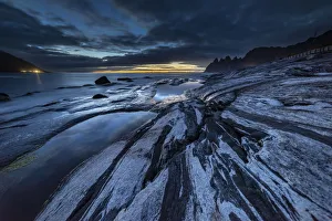 Norway's Northernmost Landscapes Prints: Rock formations and reflection, at dusk, Tungeneset, Senja, Norway, Scandinavia, Europe