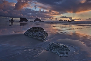 American Nature Scene Prints: Rocks, sea stacks, and clouds at sunset