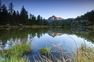 Rocky peak of Sasso Moro reflected in Lake Mufule at dawn, Malenco Valley, Province of Sondrio Rocky peak of Sasso Moro reflected in Lake Mufule at dawn, Malenco Valley, Province of Sondrio