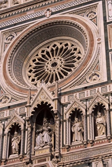 Santa Maria Del Fiore Cathedral Prints: Rose window and facade of polychrome marble of