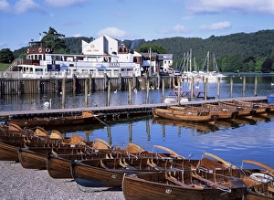 Rowing boats and pier, Bowness-on-Windermere, Lake District, Cumbria, England Rowing boats and pier, Bowness-on-Windermere, Lake District, Cumbria, England