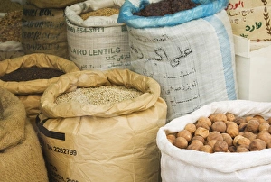 Prints of Sacks of nuts and lentils in the Spice Souk, Deira, Dubai, United Arab Emirates, Middle East Related Prints: Sacks of nuts and lentils Print