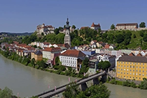 Salzach River and Old Town with Castle, Burghausen, Upper Bavaria, Bavaria, Germany Salzach River and Old Town with Castle, Burghausen, Upper Bavaria, Bavaria, Germany
