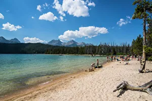 Sandy beach on Redfish Lake in a valley north of Sun Valley, Sawtooth National Forest, Idaho, United States of America Sandy beach on Redfish Lake in a valley north of Sun Valley, Sawtooth National Forest, Idaho, United States of America