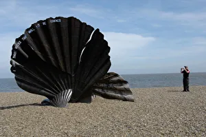 The Scallop sculpture by Maggie Hambling on the beach at Aldeburgh, Suffolk The Scallop sculpture by Maggie Hambling on the beach at Aldeburgh, Suffolk