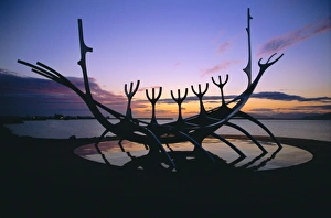 Icelandic Landmark Prints: Seaside monument at sunset