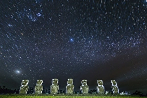 Seven Moai under the stars on a moonless night at Ahu Akivi on Easter Island (Isla de Pascua) (Rapa Nui) Seven Moai under the stars on a moonless night at Ahu Akivi on Easter Island (Isla de Pascua) (Rapa Nui)