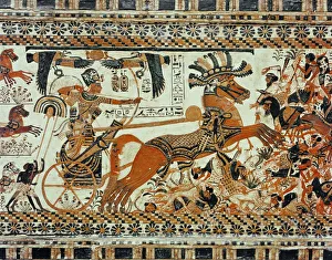 Detail showing the destruction of Asians painted on the box of stuccoed wood Detail showing the destruction of Asians painted on the box of stuccoed wood