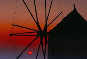 Greece Tourism Attractions Prints: Silhouette of windmill at sunset