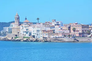 European Seaside Towns Prints: Sitges old centre and seaside, Sitges, Costa Dorada, Catalonia, Spain, Europe