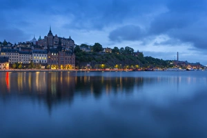 Stockholm Skyline Prints: Skyline of Sodermalm at dusk reflection in water, Stockholm, Sweden, Scandinavia, Europe