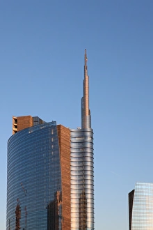 Glass Facade Architecture Europe Prints: Skyscraper at sunset, Garibaldi District, Milan, Lombardy, Italy, Europe