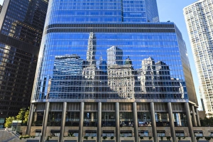 Skyscrapers on West Wacker Drive reflected in the Trump Tower, Chicago, Illinois, United States of America Skyscrapers on West Wacker Drive reflected in the Trump Tower, Chicago, Illinois, United States of America