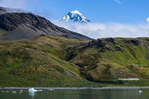 Polar Regions Scenic Views Prints: Snow capped mountain breaking through the cloud, Grytviken, South Georgia, Antarctica