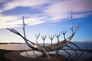 Prints of Solfar (Sun Voyager), iconic stainless-steel modern sculpture representing a Viking longboat by Jon Gunnar Arnason, Reykjavik, Iceland, Polar Regions Sculpture Prints: Solfar Stainless-Steel Sculpture Print