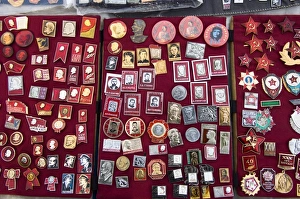 Souvenir badges of the Soviet Republic communist era, Moscow, Russia, Europe Souvenir badges of the Soviet Republic communist era, Moscow, Russia, Europe