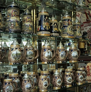 Souvenir shop window display of traditional Austrian beer tankards, Vienna, Austria Souvenir shop window display of traditional Austrian beer tankards, Vienna, Austria