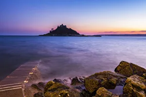Cornwall England Landmarks Prints: St. Michaels Mount Castle at sunset, Mounts Bay, Marazion, Cornwall, England