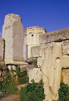 Ancient Greek Landmarks Prints: Statue of Emperor Hadrian and tower of the winds in background