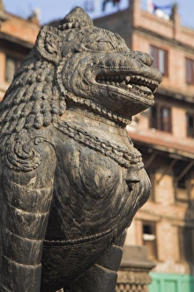 Nepal Temple Prints: Stone statue in front of temple