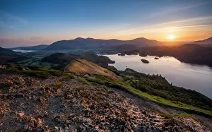 Sunrise over Derwentwater from the summit of Catbells near Keswick, Lake District National Park Sunrise over Derwentwater from the summit of Catbells near Keswick, Lake District National Park