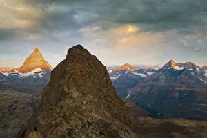 Sunrise over Matterhorn and Dent Blanche view from Riffelhorn, aerial view, Zermatt Sunrise over Matterhorn and Dent Blanche view from Riffelhorn, aerial view, Zermatt