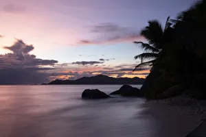 Anse Source D Argent Beach Prints: Sunset at Anse Source d Argent looking toward Praslin, Union Estate Park, La Digue