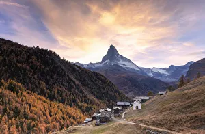 Sunset at Findeln village with Matterhorn in the background. Zermatt, Mattertal, Canton of Valais Sunset at Findeln village with Matterhorn in the background. Zermatt, Mattertal, Canton of Valais