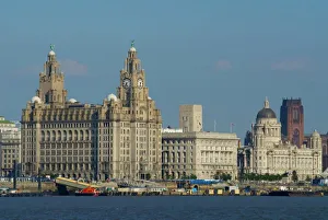 Prints of TheThree Graces and cathedral from the River Mersey ferry, Liverpool, Merseyside, England, United Kingdom, Europe Merseyside Prints: TheThree Graces and Liverpool Cathedral Print