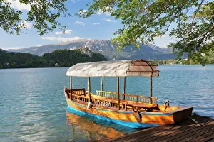 Prints of Traditional wooden rowing boat, Lake Bled, Bled, Slovenia, Europe Slovenia Prints: Traditional Wooden Rowing Boat Print, Lake Bled, Slovenia